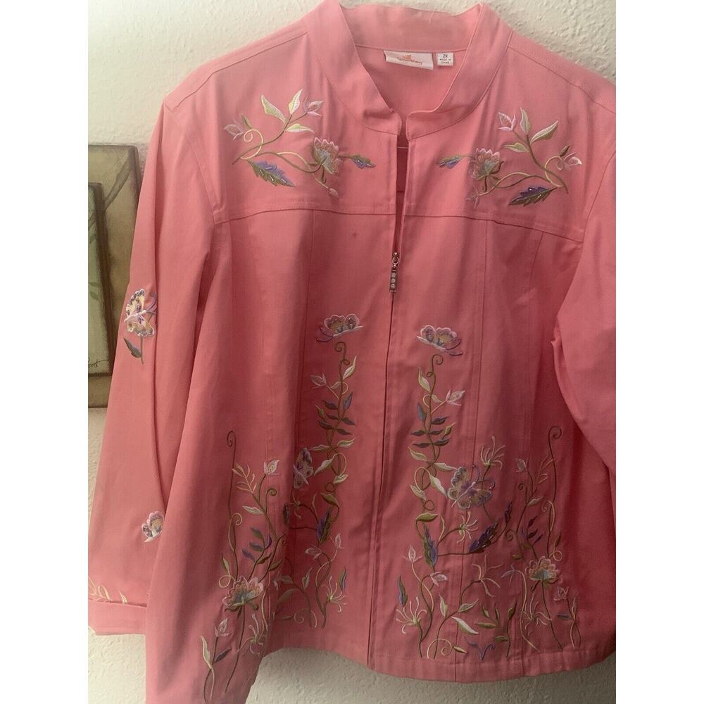 Women's Quacker Factory Pink Floral Embroidered Denim Jacket Sz 2X Fantasy Fairy